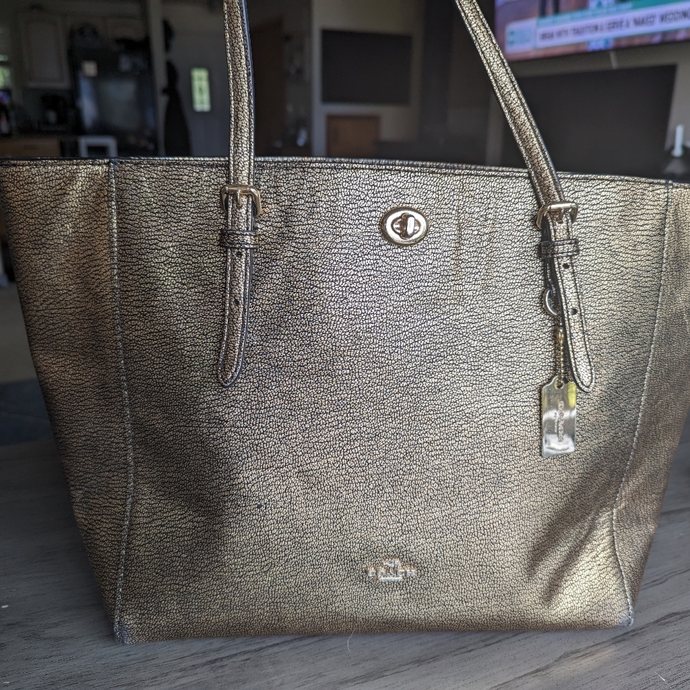 Gold, Shimmer, Coach Over The Shoulder Tote